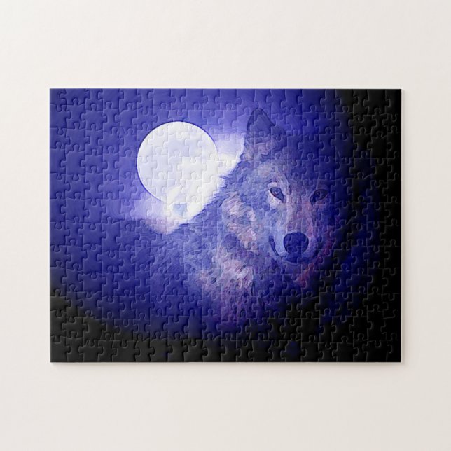 Puzzle Wolf Fullmoon & Blue Night - Wild Animaux Art (Horizontal)