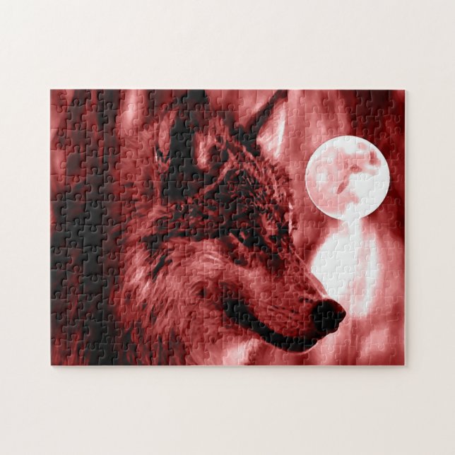Puzzle Wolf Fullmoon & Red Night - Wild Animaux Art (Horizontal)