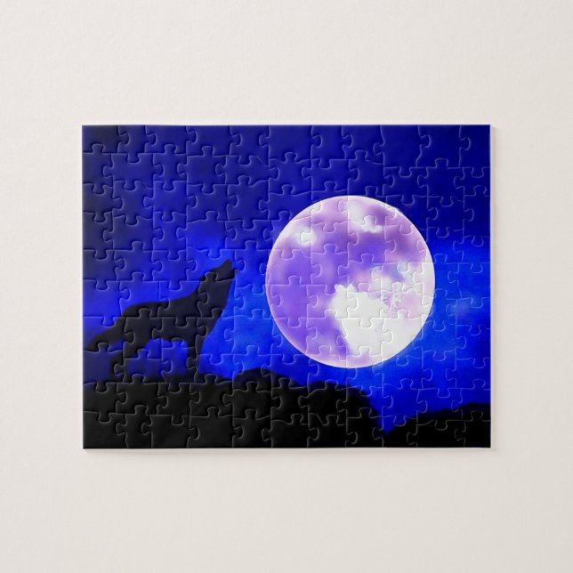 Puzzle Wolf Howat at Moon Blue Night Art animal (Horizontal)
