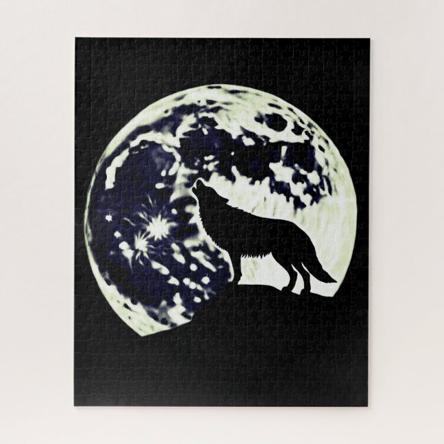 Puzzle Wolf Howling Silhouetté contre une Pleine lune (Vertical)