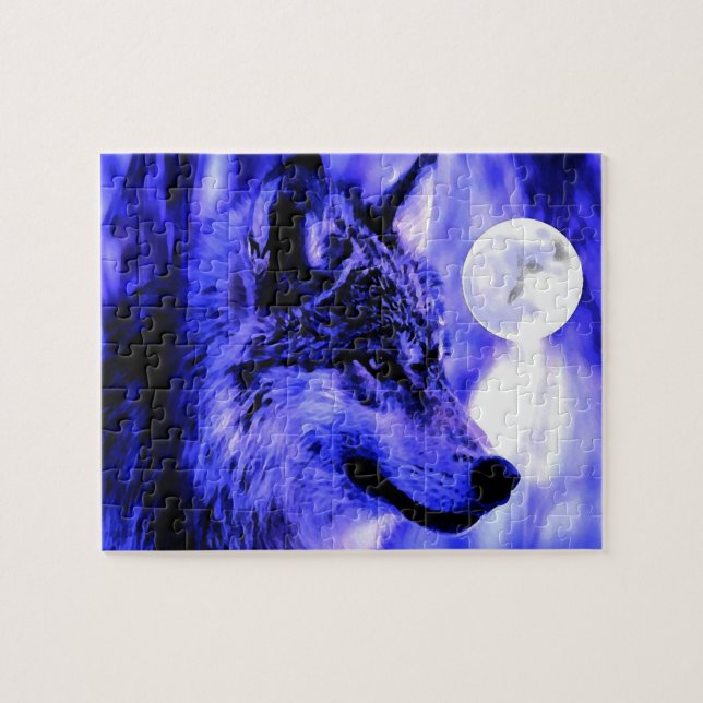 Puzzle Wolf Motivation Liberté Bleu nuit pleine lune (Horizontal)