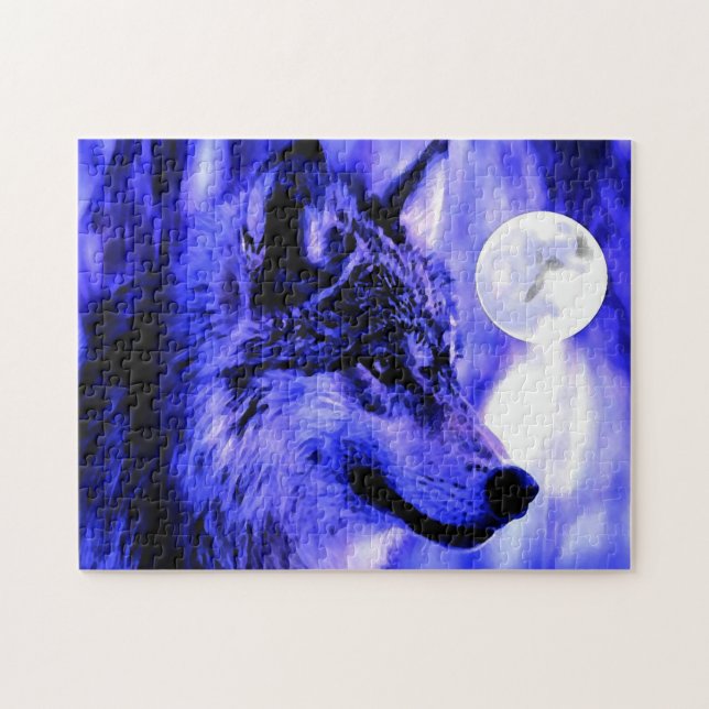 Puzzle Wolf Motivation Liberté Bleu nuit pleine lune (Horizontal)