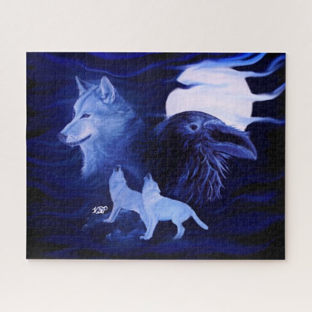 Puzzle Wolves and Raven with full moon (Horizontal)