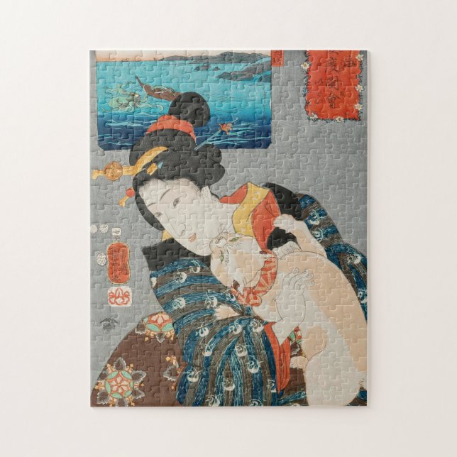 Puzzle Woman playing with Cat Vintage Japanese Print (Vertical)
