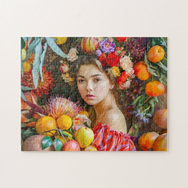 Puzzle Woman with mixed fruits and floral decor (Horizontal)
