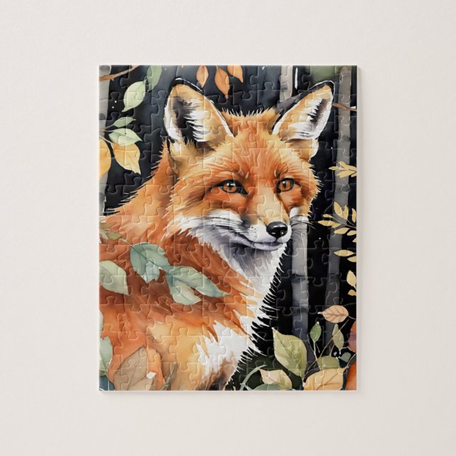 Puzzle Woodland Forest Watercolor Fox Fall Autumn (Vertical)