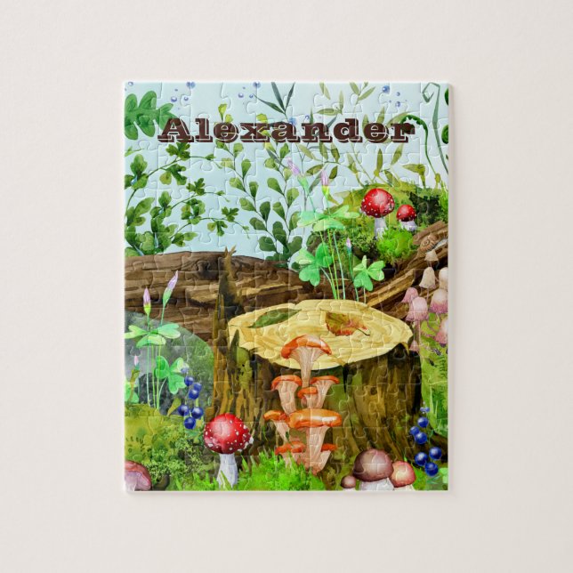 Puzzle Woodland Watercolor Forest Mushroooms Plants Name  (Vertical)