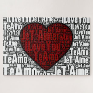 Puzzle Word Art : "Je t'aime" 3 langues - Coeur rouge