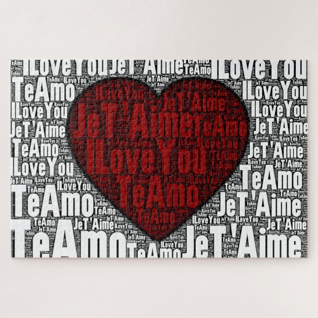 Puzzle Word Art : "Je t'aime" 3 langues - Coeur rouge (Horizontal)