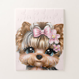 Puzzle Yorkie mignonne avec une corse rose