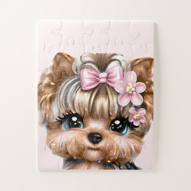 Puzzle Yorkie mignonne avec une corse rose (Vertical)