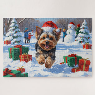 Puzzle Yorkipoo courant dans la neige avec un chapeau de