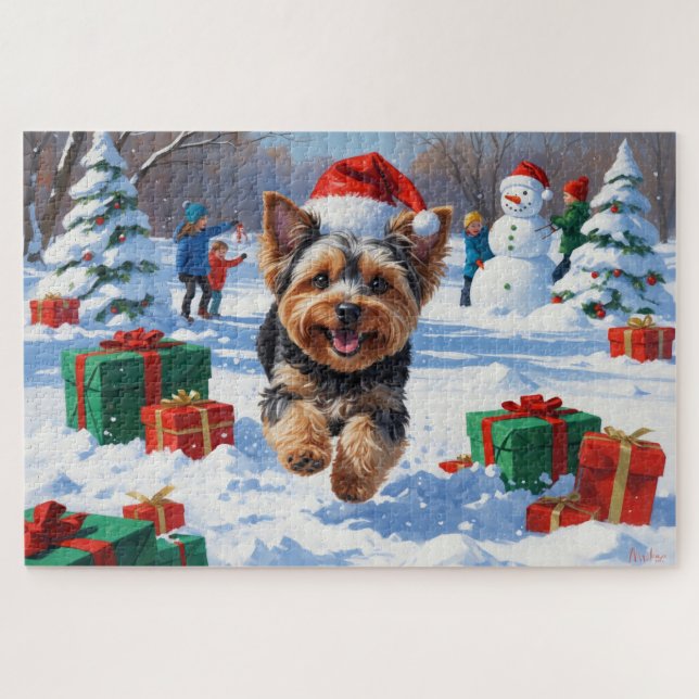 Puzzle Yorkipoo courant dans la neige avec un chapeau de  (Horizontal)