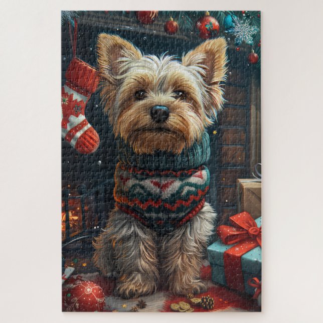 Puzzle Yorkshire Terrier avec des cadeaux de Noël Cheminé (Vertical)