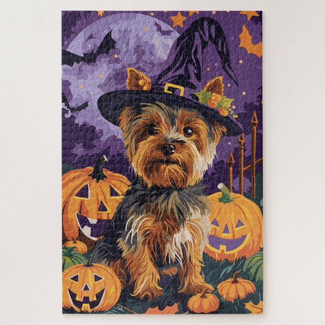 Puzzle Yorkshire Terrier Chien Halloween sorcière et Citr (Vertical)