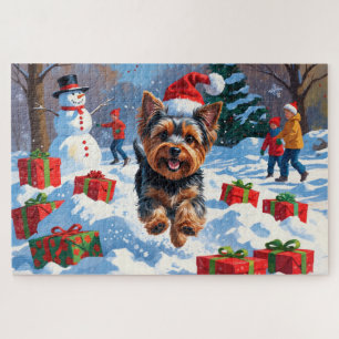 Puzzle Yorkshire Terrier dans la neige avec un chapeau de