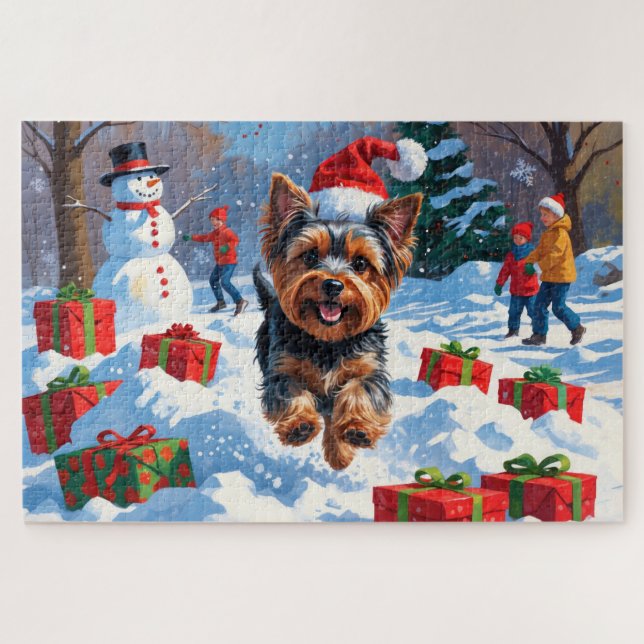Puzzle Yorkshire Terrier dans la neige avec un chapeau de (Horizontal)