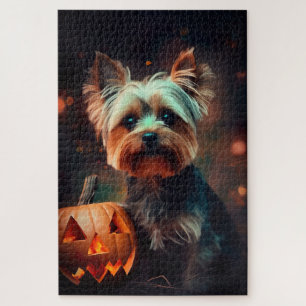 Puzzle Yorkshire Terrier d'Halloween avec des citrouilles