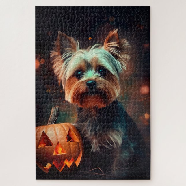 Puzzle Yorkshire Terrier d'Halloween avec des citrouilles (Vertical)