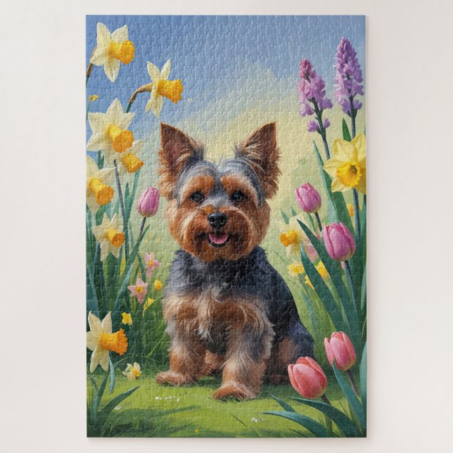 Puzzle Yorkshire Terrier Dog Fleurs de printemps de chien (Vertical)