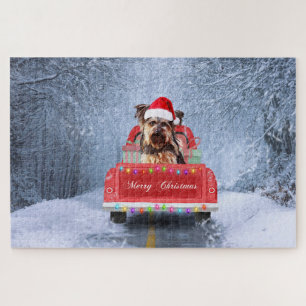 Puzzle Yorkshire Terrier Dog in Snow sitting in Christmas