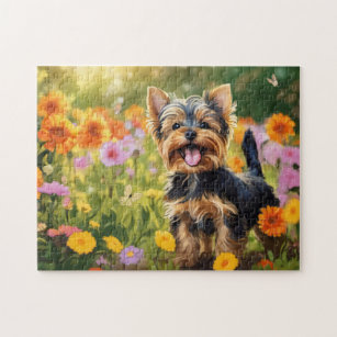 Puzzle Yorkshire Terrier Pup dans le champ de fleurs