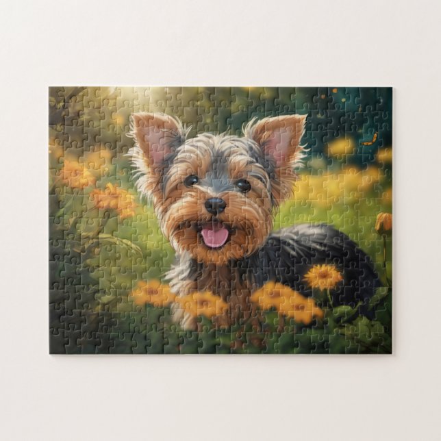Puzzle Yorkshire Terrier Pup dans le champ de fleurs (Horizontal)