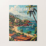 Puzzle Zihuatanejo Mexique Voyage Art Vintage<br><div class="desc">Zihuatanejo conception de voyage rétro vectorielle. Il est connu pour ses plages,  comme la vaste Playa La Ropa,  qui est adossée à des palmiers.</div>