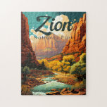 Puzzle Zion National Park Illustration Retro<br><div class="desc">Design d'illustration vectorielle de Sion. Le parc est une réserve naturelle du sud-ouest de l'Utah qui se distingue par les falaises rouges abruptes de Zion Canyon.</div>