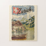 Puzzle Zurich Suisse Art de Voyage peinture Vintage<br><div class="desc">Design de voyage vectoriel rétro de Zurich. Les ruelles pittoresques du centre d'Altstadt (vieille ville),  de part et d'autre de la rivière Limmat,  reflètent son histoire d'avant-Moyen-Age.</div>