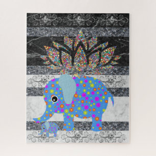 Puzzles Blue Elephant Noir & Marbre blanc Floral