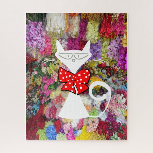 Puzzles Floral Blanc Chat Red Bow Cravate (Vertical)