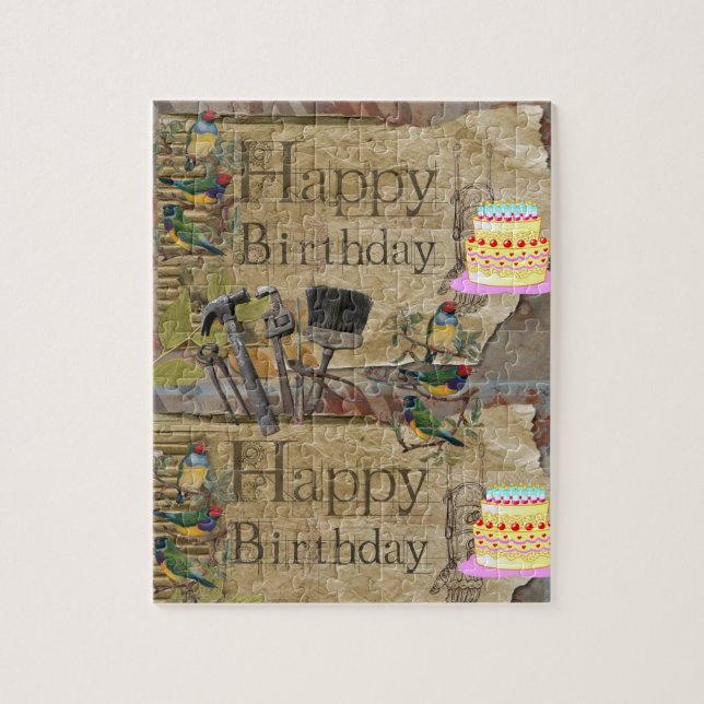 Puzzles Happy Birthday Tools Cake Birds Vintage (Vertical)