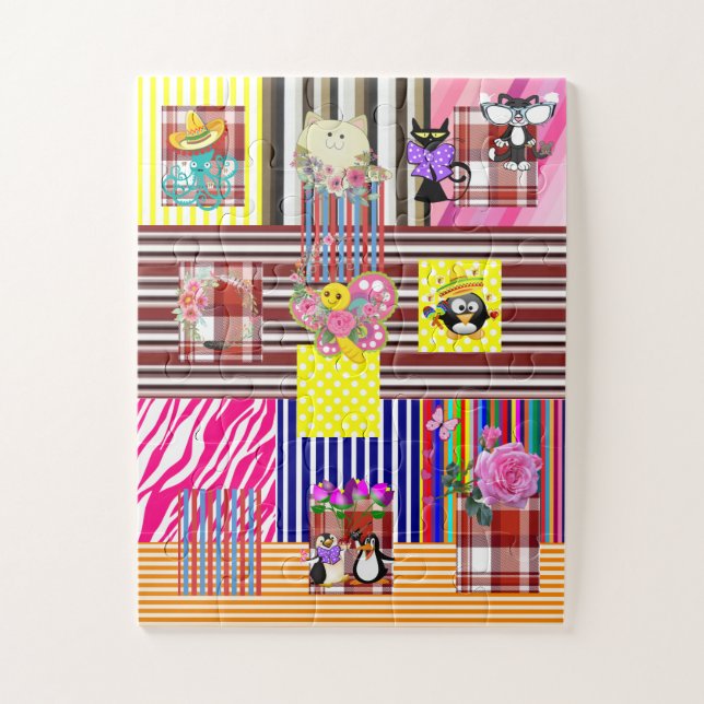 Puzzles Happy Stripe Plaid Chats fou amusant (Vertical)