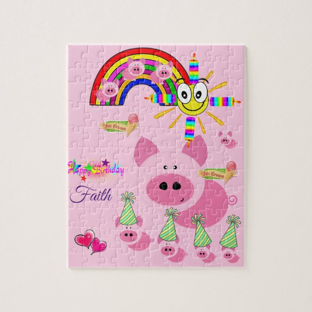 Puzzles Joyeux Anniversaire rose Cochons arc-en-ci (Vertical)