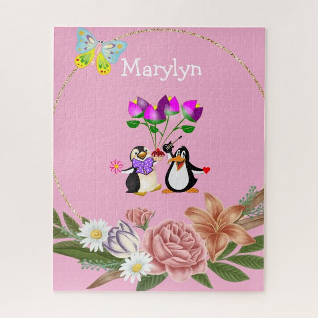 Puzzles Monogramme Floral Rose Pingouin (Vertical)