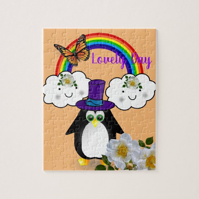 Puzzles Pingouin blanc et noir Rainbow Floral (Vertical)