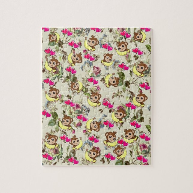 Puzzles Singes Floraux Bananes Coeurs roses (Vertical)