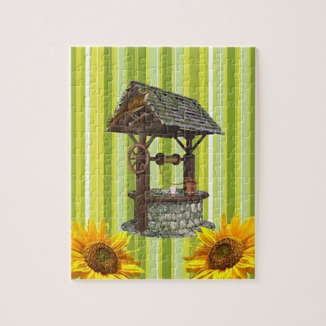 Puzzles Vert Jaune Bande Blanche, Tournesol Oiseau (Vertical)