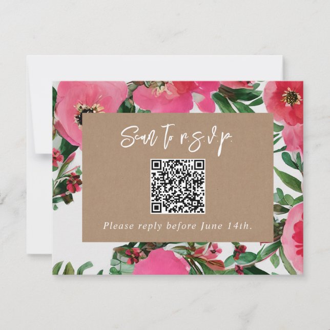 QR Code Aquarelle rose Anémone Mariage RSVP (Devant)