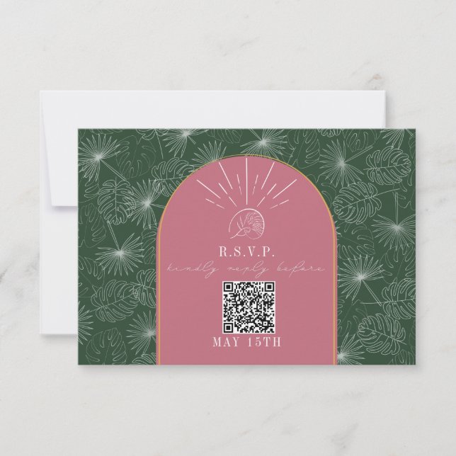 QR Code Arch rose Vert Palm Tropical Mariage RSVP (Devant)