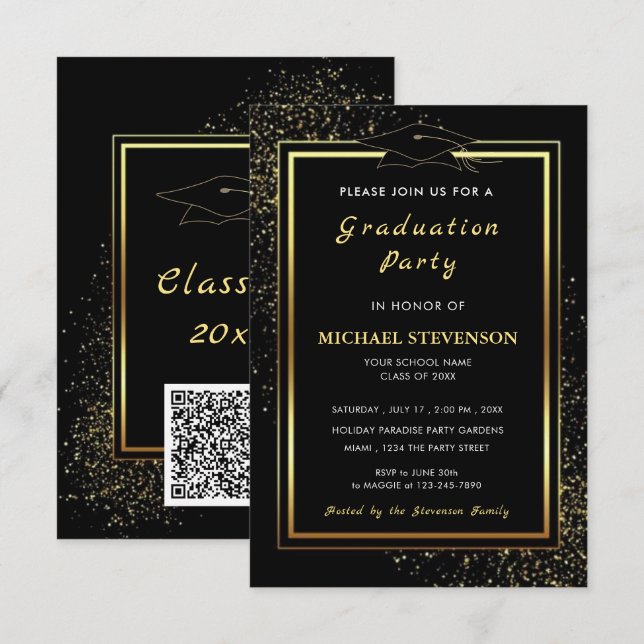 QR Code Black Gold Glitter Graduation Invitations (Devant / Derrière)