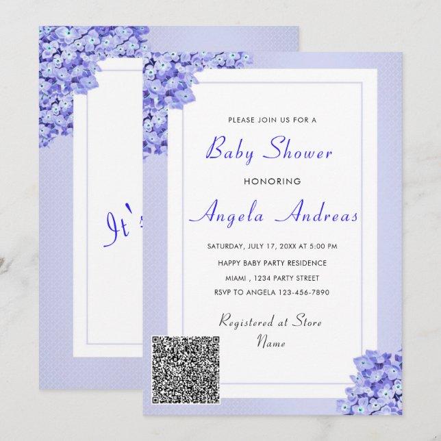 QR Code Fleurs violettes Baby Girl Douche Invitati (Devant / Derrière)