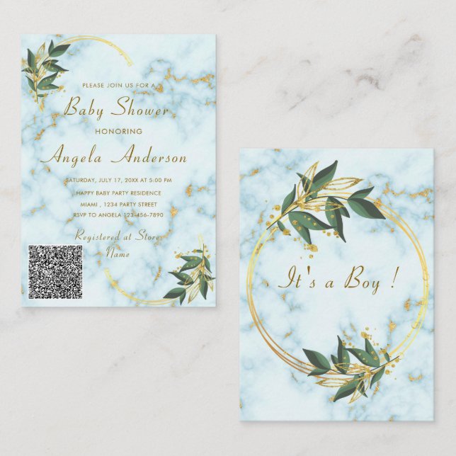 QR Code Gold Marble Baby Boy Shower Invitation (Devant / Derrière)