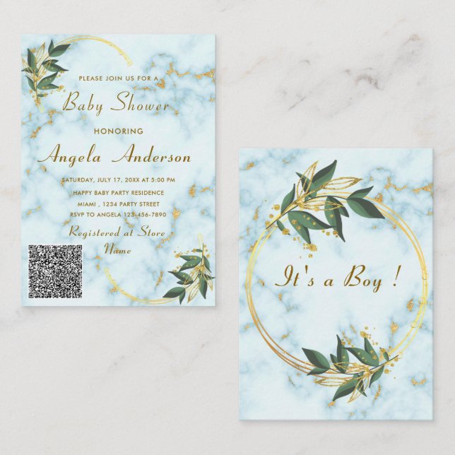 QR Code Gold Marble Baby Boy Shower Invitation (Devant / Derrière)