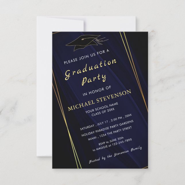 QR Code Gold Marine Blue Graduation Carte d'invita (Devant)