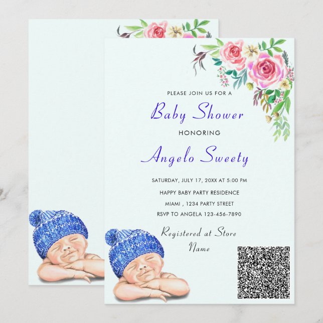 QR Code Info Happy Sleeping Baby shower Invitation (Devant / Derrière)