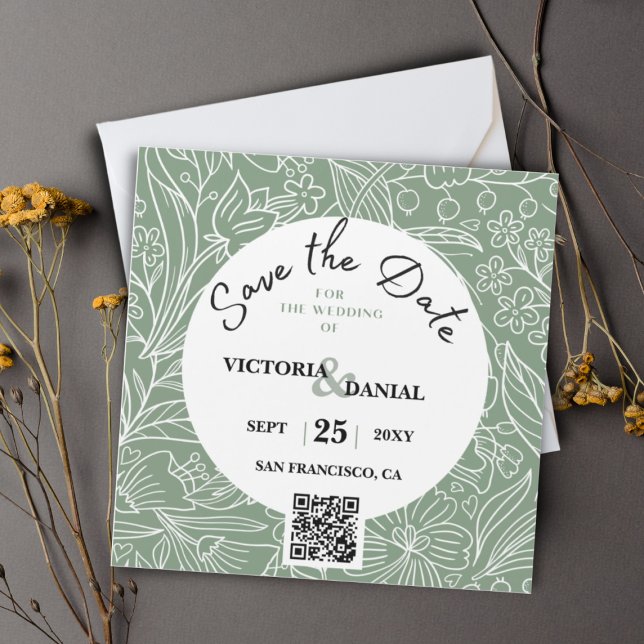 QR Code Modern Green Floral Calligraphy Wedding (Créateur téléchargé)