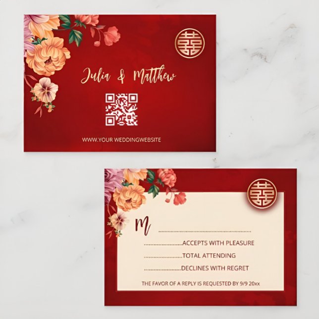 QR Code Peony Red RSVP Mariage chinois (Créateur téléchargé)