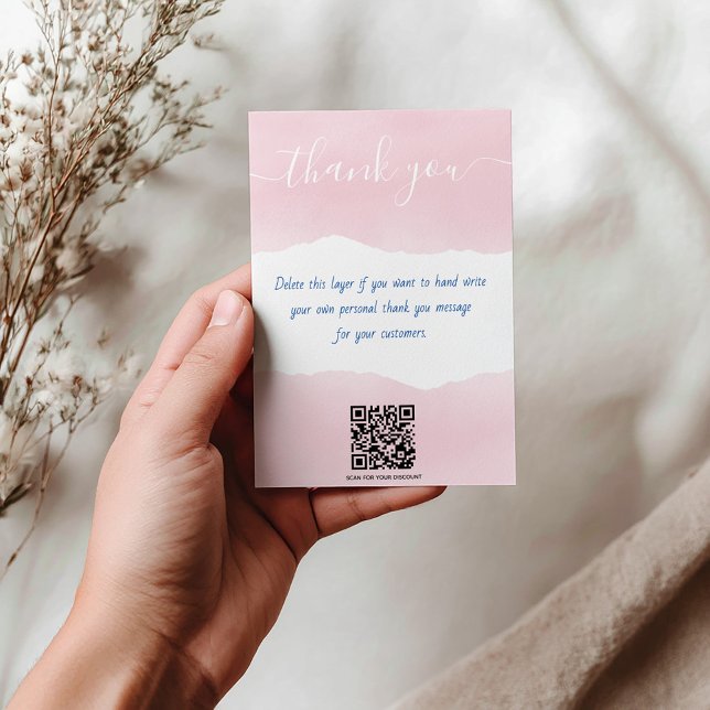 QR code rose aquarelle merci insérer carte (Customer order insert card with pink paint effect, "thank you" and QR code for discount)